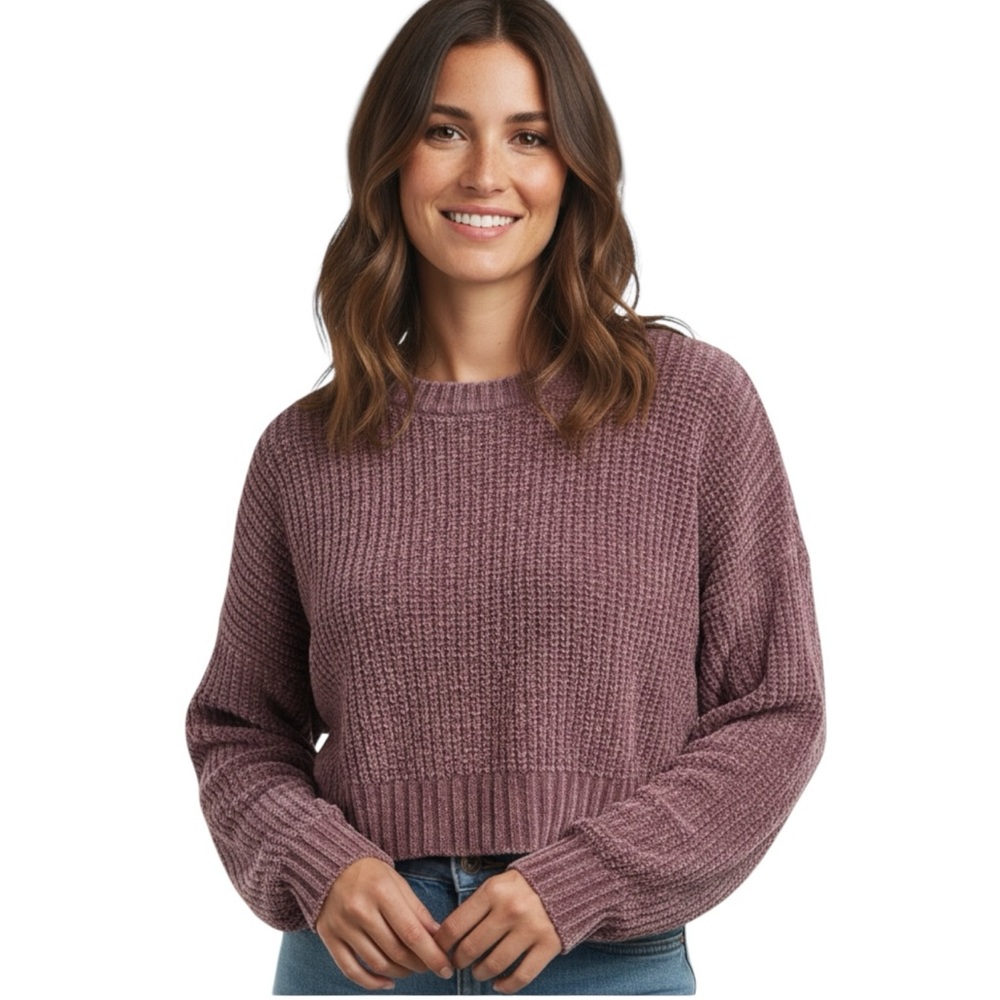 Altar’d State NWT Rose Mauve Chenille Knit Cropped Crew Neck Sweater Size Small